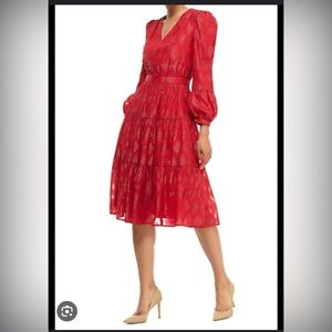 Gal Meets Glam Annette Metallic Jacquard Long Sleeve Midi Dress Ruby Red